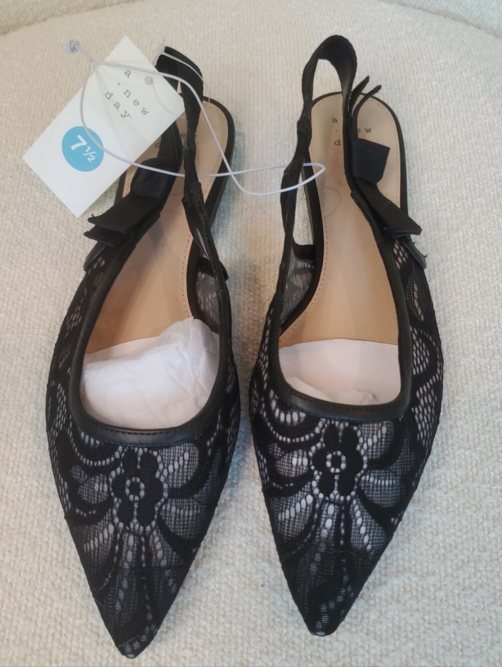 NWT A New Day London Black Lace Slingback Flats with Bow Memory Foam Size 7.5